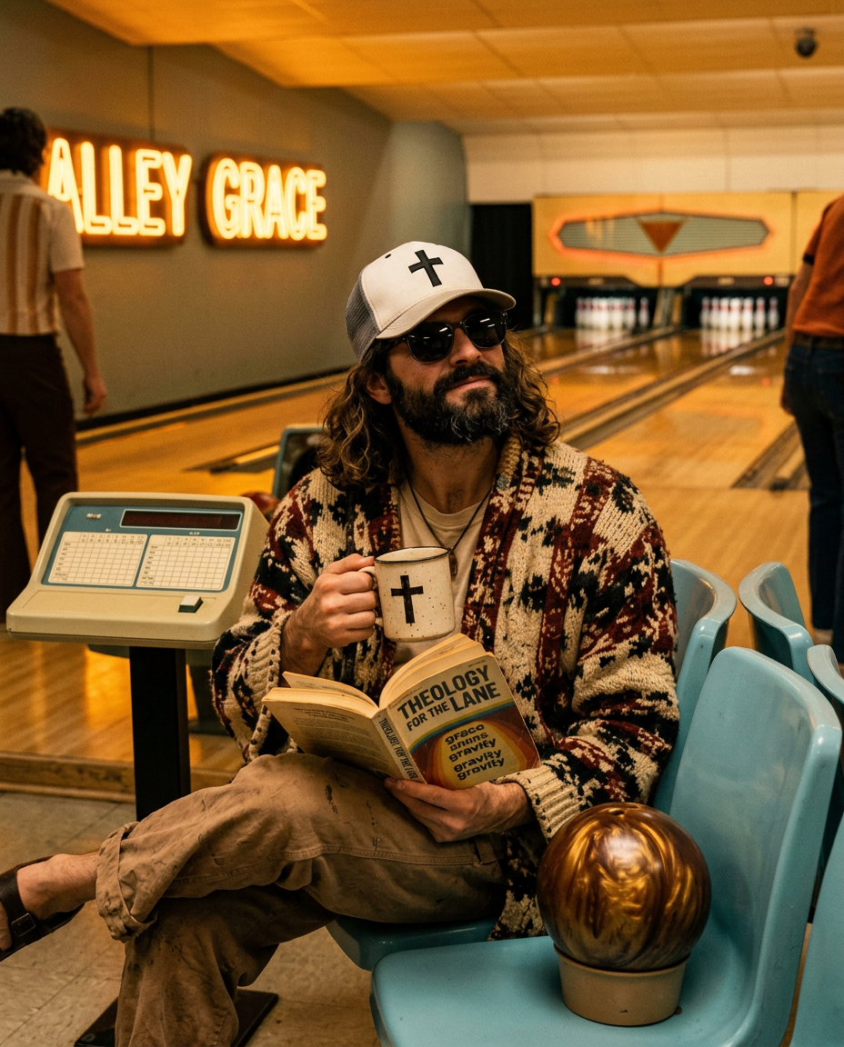 The Holy Fool at a retro bowling alley with a cross mug and a theology paperback